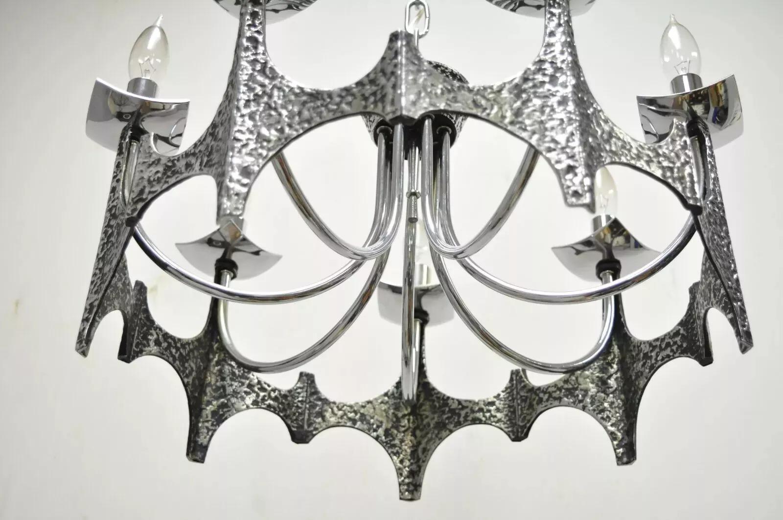 Vintage Mid Century Modern Mo Bridges Brutalist Hammered Chrome Chandelier For Sale 3