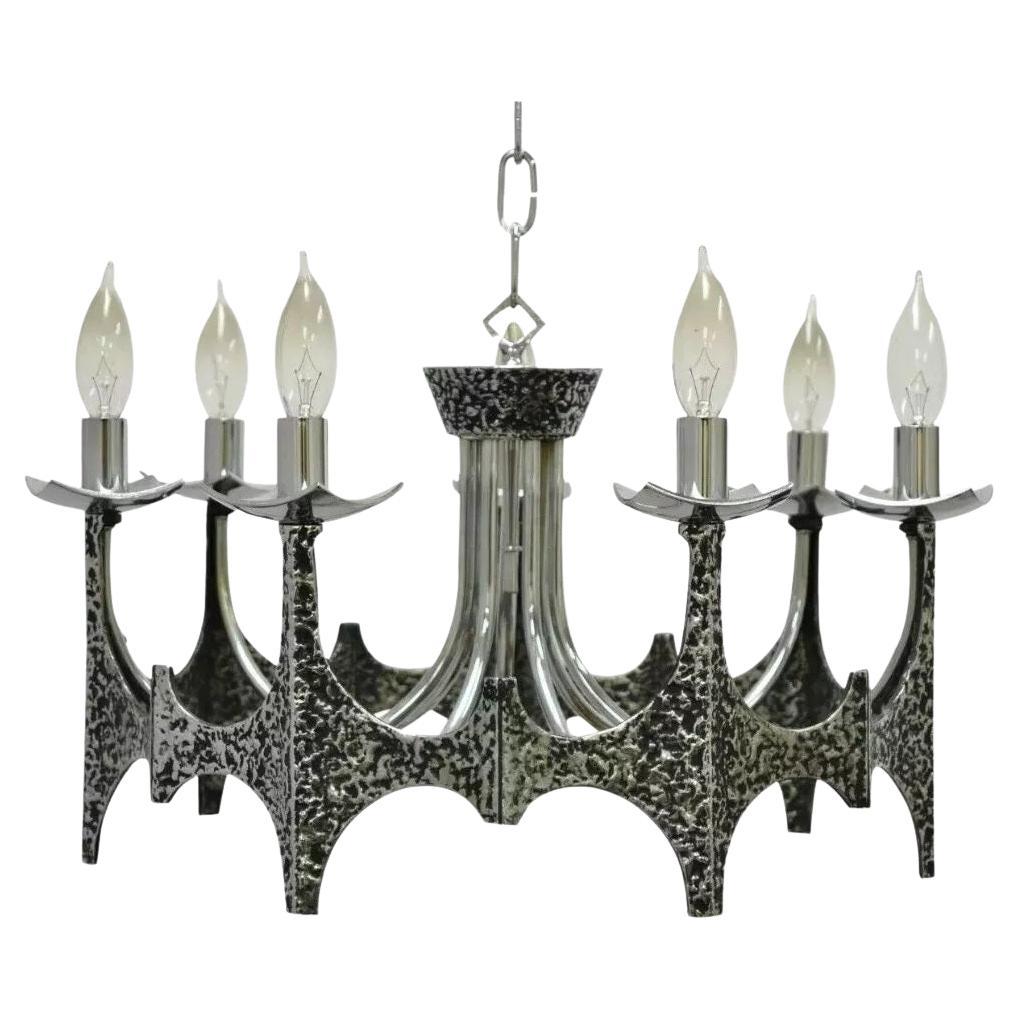 Vintage Mid Century Modern Mo Bridges Brutalist Hammered Chrome Chandelier