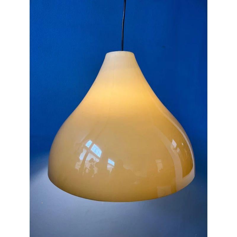 A nice acrylic glass pendant light in mocca-colour. The acrylic shades produces a warm, cosy light. The lamp requires one E27 lightbulb.

Dimensions:
ø Shade: 27 cm
Height (shade): 32 cm

Condition: Very good. The shade is in great condition,