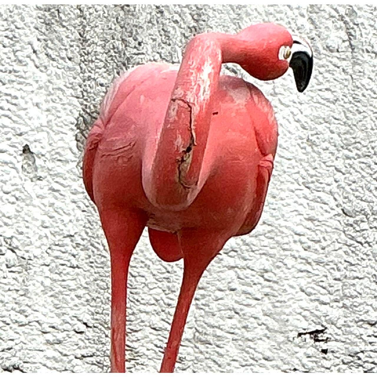 Make a bold statement with this stunning vintage fiberglass flamingo, a rare mid-century modern piece that exudes tropical charm and playful elegance. Standing at an impressive 45 inches tall, this beautifully sculpted flamingo features an