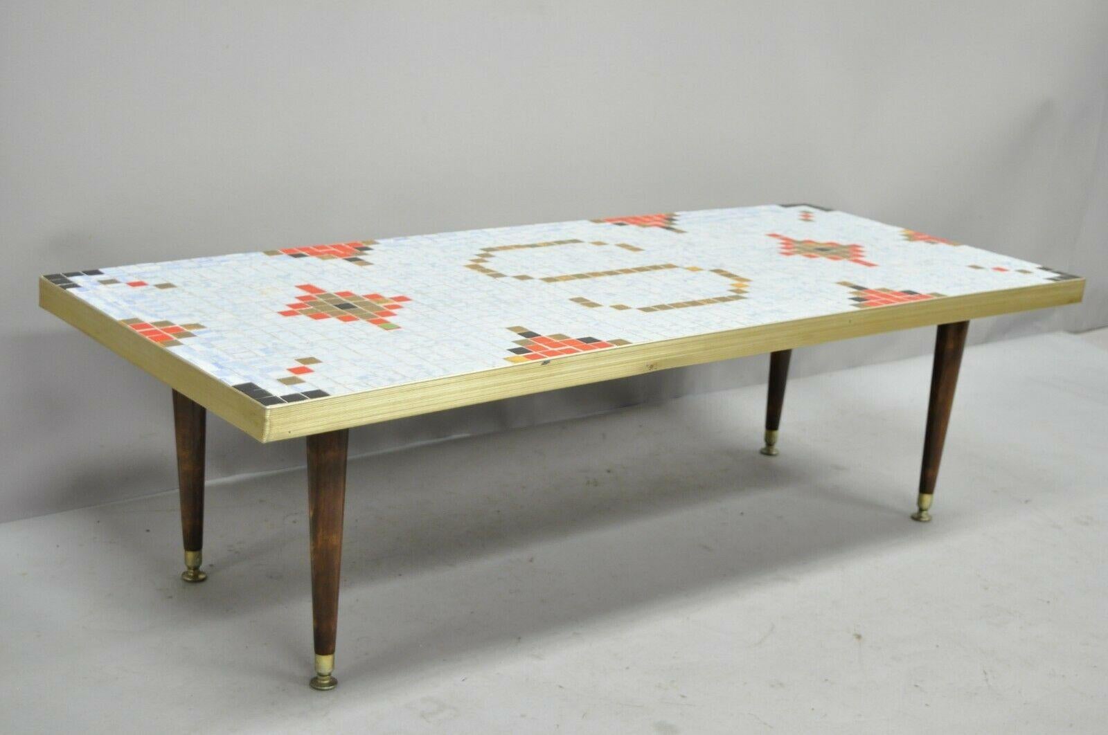 Porcelain Vintage Mid-Century Modern Mosaic Tile Top Coffee Table with 