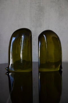Vintage Mid-Century Modern Murano Amber Green Glass Bookends - a Pair
