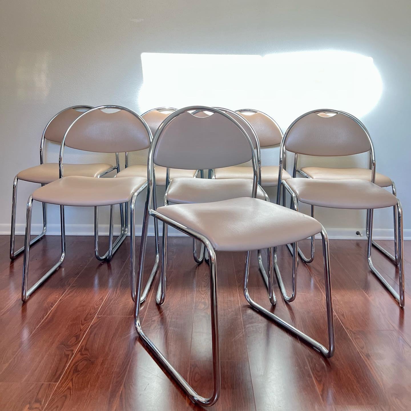 Vintage Mid-Century Modern Mushroom Chrome Stacking Dining Room Chairs 5