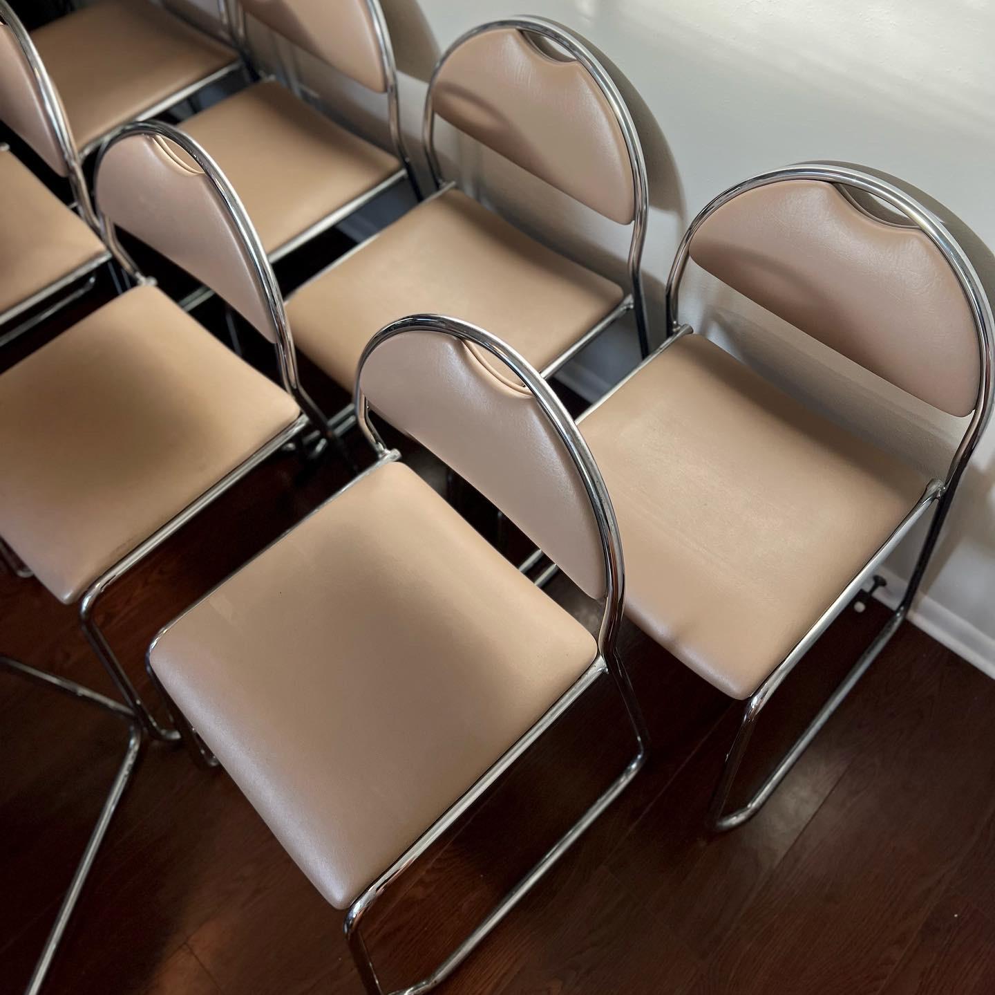 Mid-20th Century Vintage Mid-Century Modern Mushroom Chrome Stacking Dining Room Chairs