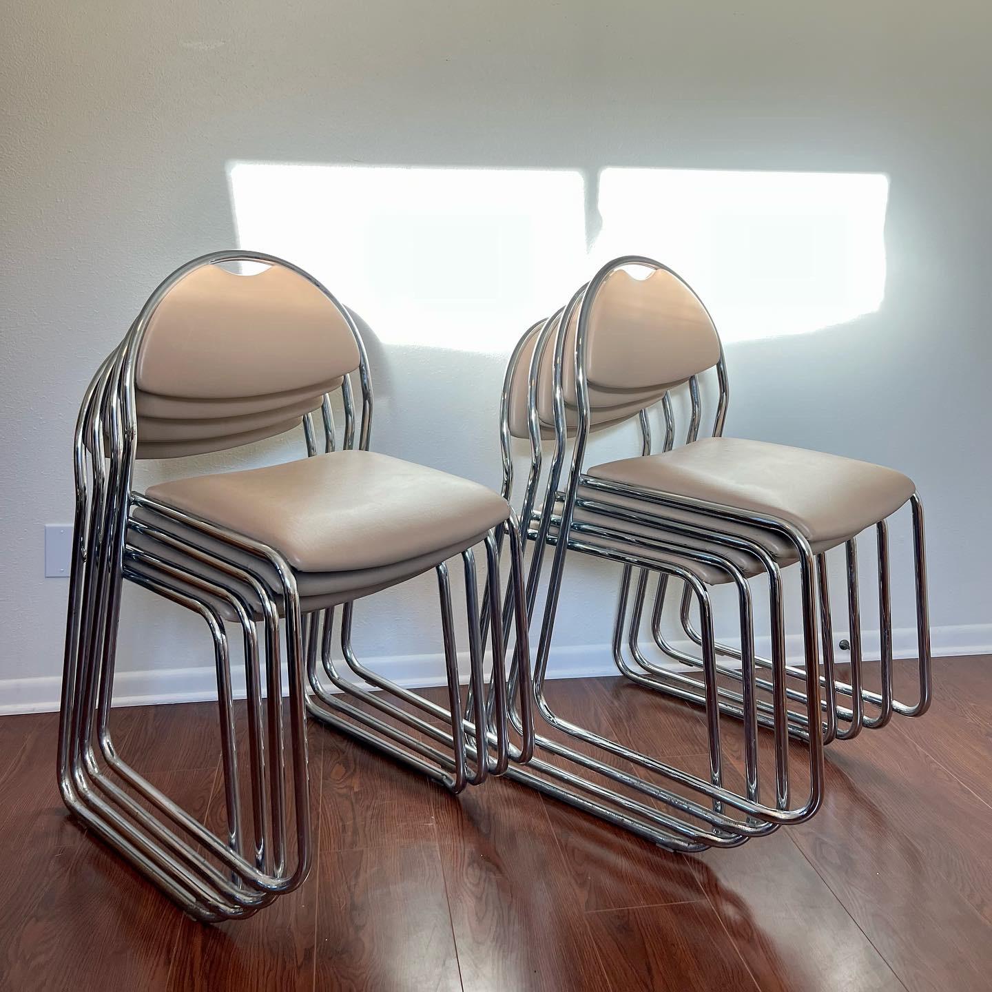 Vintage Mid-Century Modern Mushroom Chrome Stacking Dining Room Chairs 1