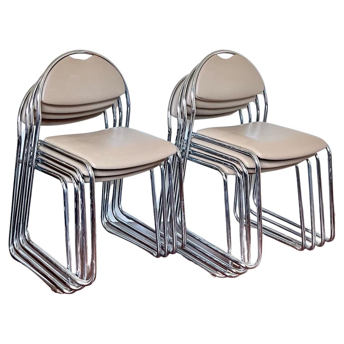 Vintage Mid-Century Modern Mushroom Chrome Stacking Dining Room Chairs