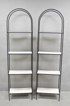 Vintage Mid Century Modern Narrow Arched Wrought Iron Etagere Bookcase - a Pair