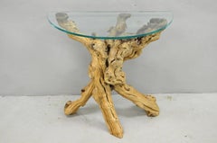 Vintage Mid Century Modern Natural Burl Driftwood Demilune Glass Console Table