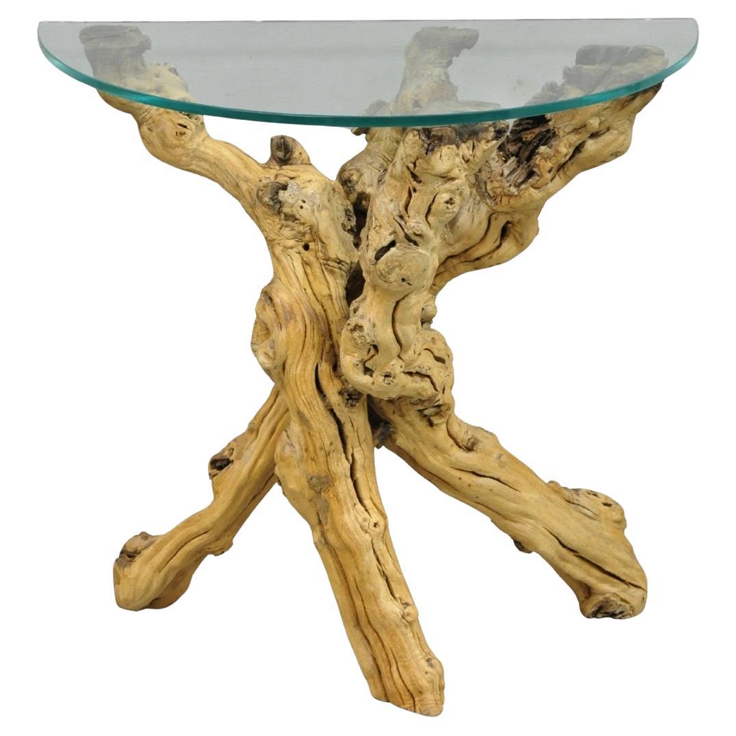Vintage Mid Century Modern Natural Burl Driftwood Demilune Glass Console Table