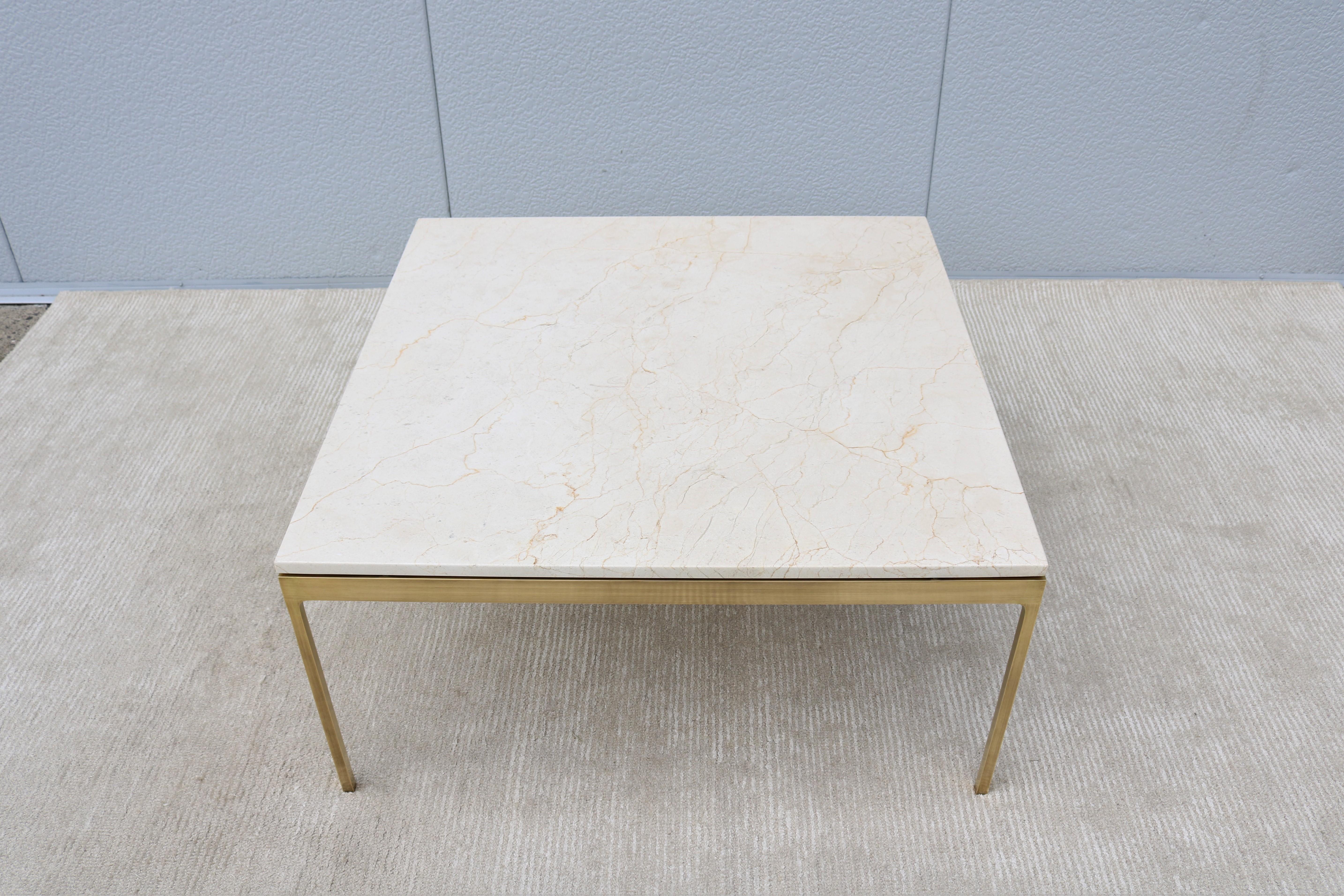 Brushed Vintage Mid-Century Modern Nicos Zographos Marble and Brass Square Coffee Table For Sale