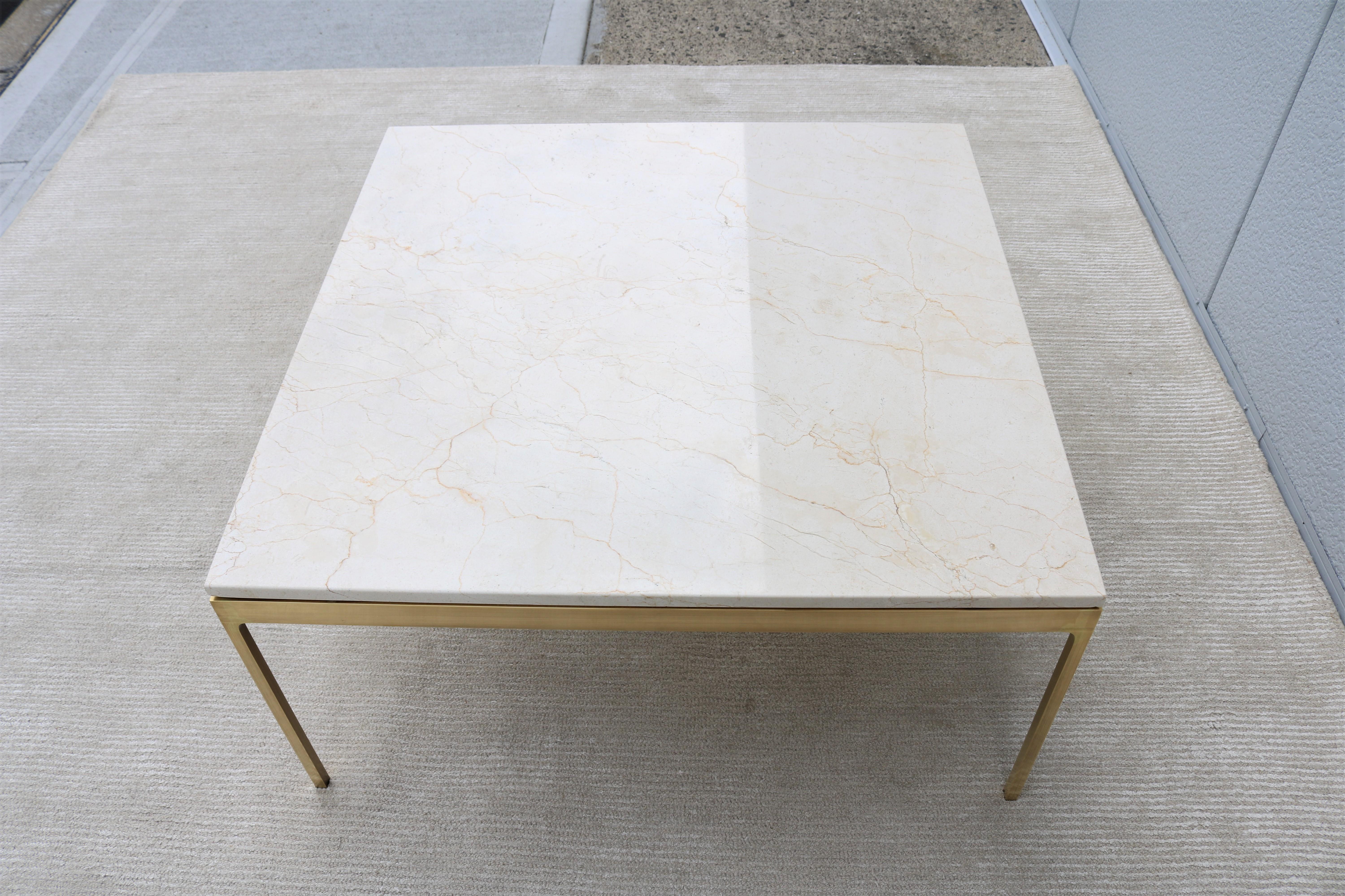 Fin du 20e siècle Vintage Mid-Century Modern Nicos Zographos Marble and Brass Square Coffee Table en vente