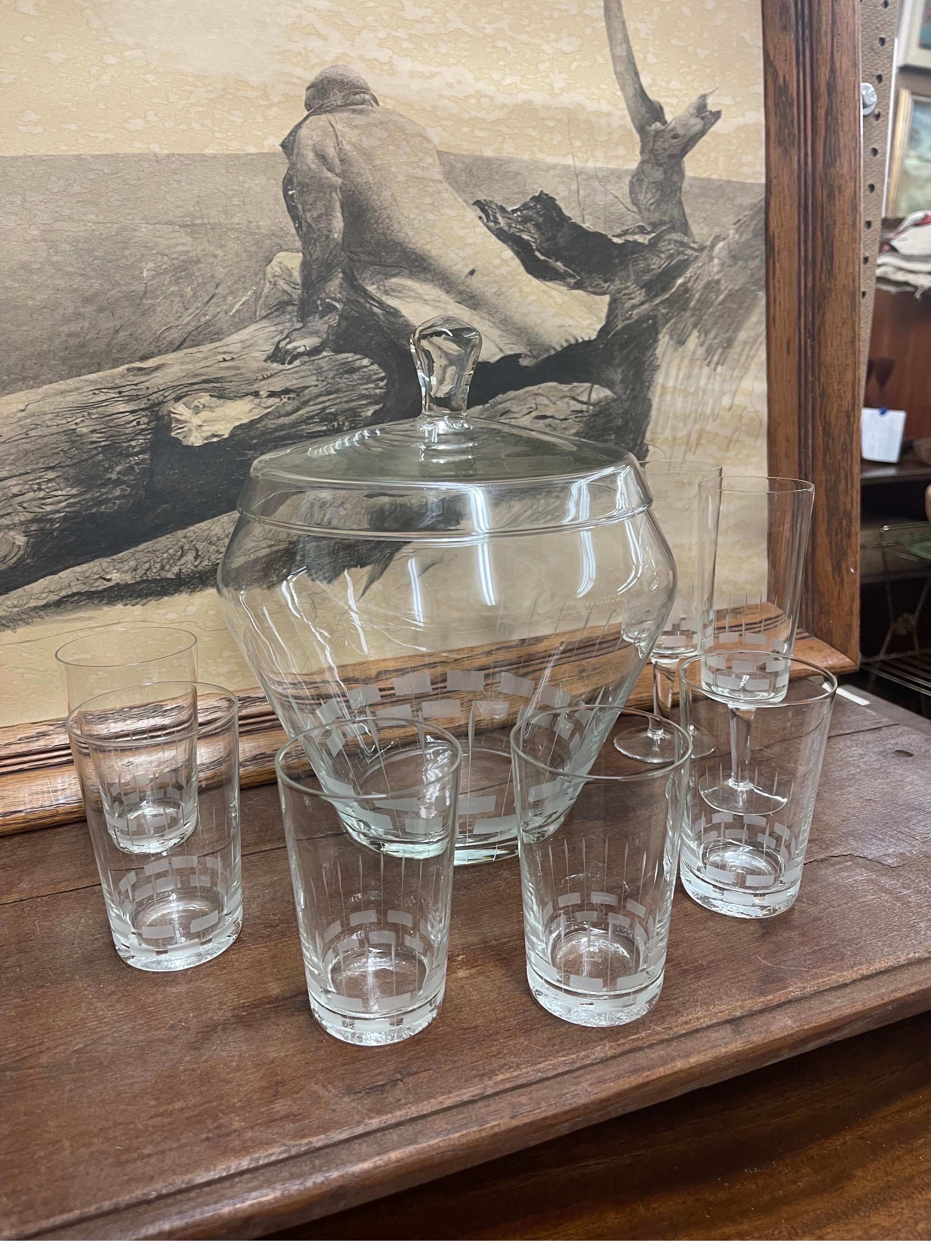 Circa 1960s- 1970s. This Drink ware set is most Likely Crystal, with Mid Century Design. This Set Features 5 Glasses, 3 Stem Glasses, and a Large Bowl with a Lid. Vintage Condition Consistent with Age as Pictured.

Dimensions. Small Glasses. 3 D ; 4