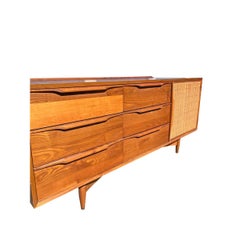 Vintage Mid Century Modern Oak and Cane Floating Low Long Dresser or Credenza