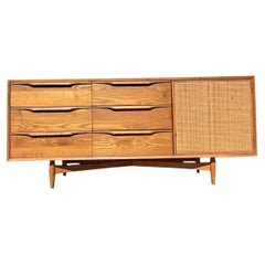 Vintage Mid Century Modern Oak and Cane Floating Low Long Dresser or Credenza