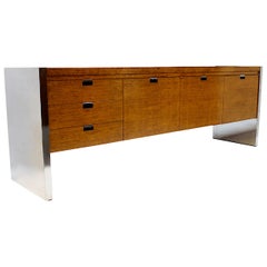 Vintage Mid-Century Modern Oak & Chrome Credenza by Roger Sprunger for Dunbar 