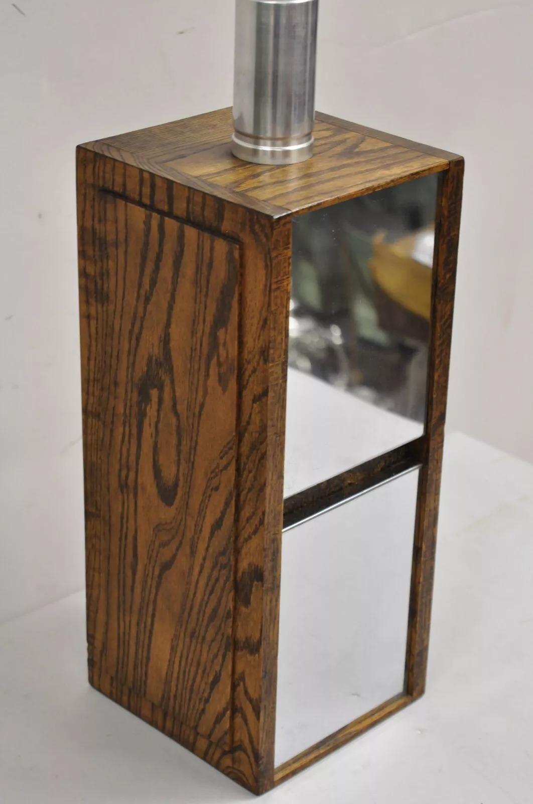 Vintage Mid Century Modern Oak Wood & Double Sided Mirror (Reflective Metal) Cubist Table Lamp. Circa Mid 20th Century. Measurements: 31