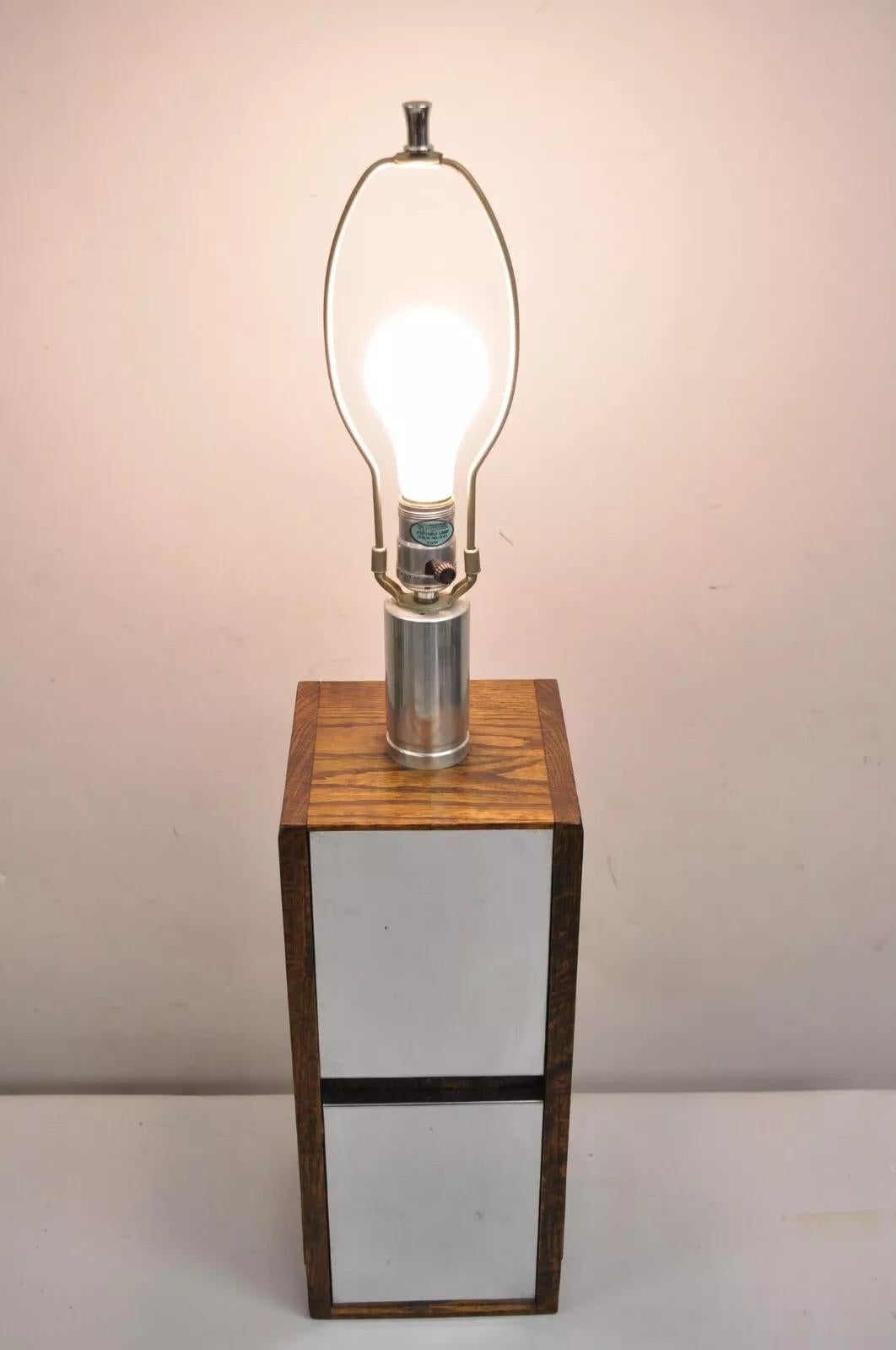 Mid-Century Modern Vintage Mid Century Modern Oak Wood & Double Sided Mirror Cubist Table Lamp For Sale