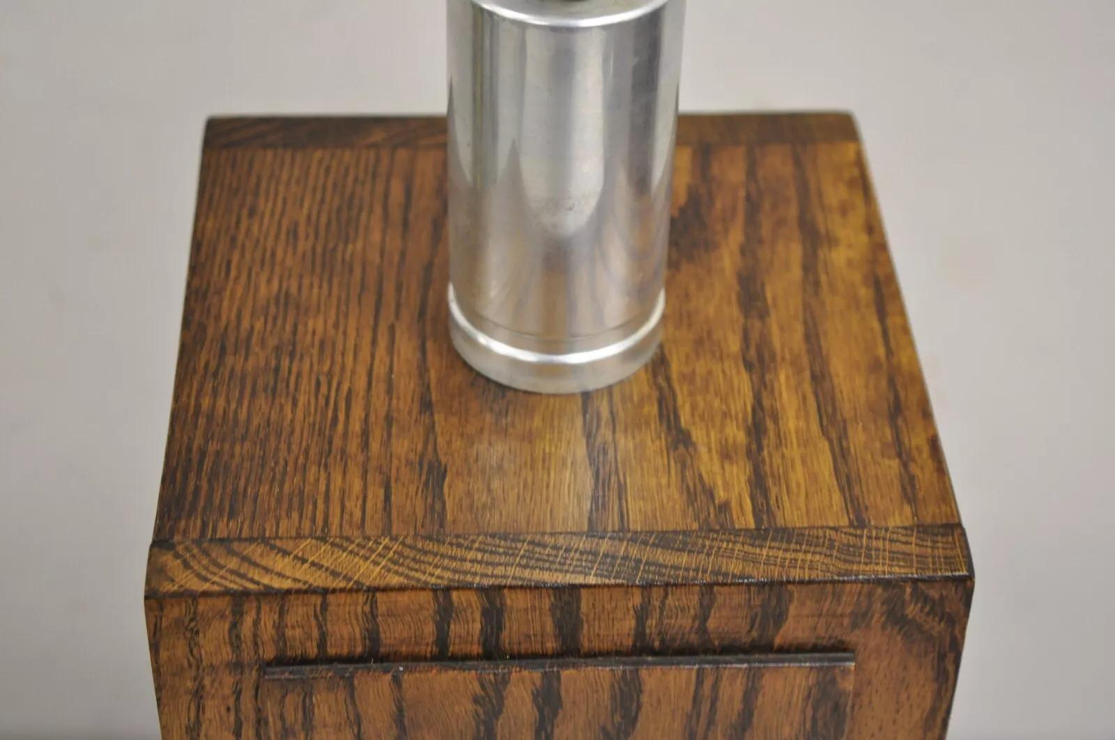 Vintage Mid Century Modern Oak Wood & Double Sided Mirror Cubist Table Lamp In Good Condition For Sale In Philadelphia, PA