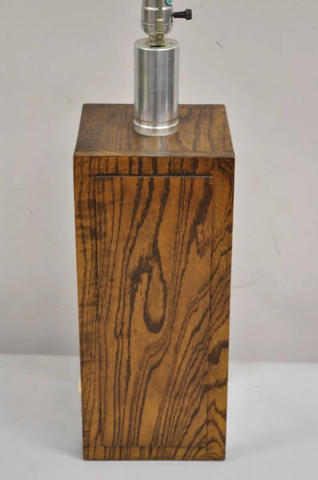 20th Century Vintage Mid Century Modern Oak Wood & Double Sided Mirror Cubist Table Lamp For Sale