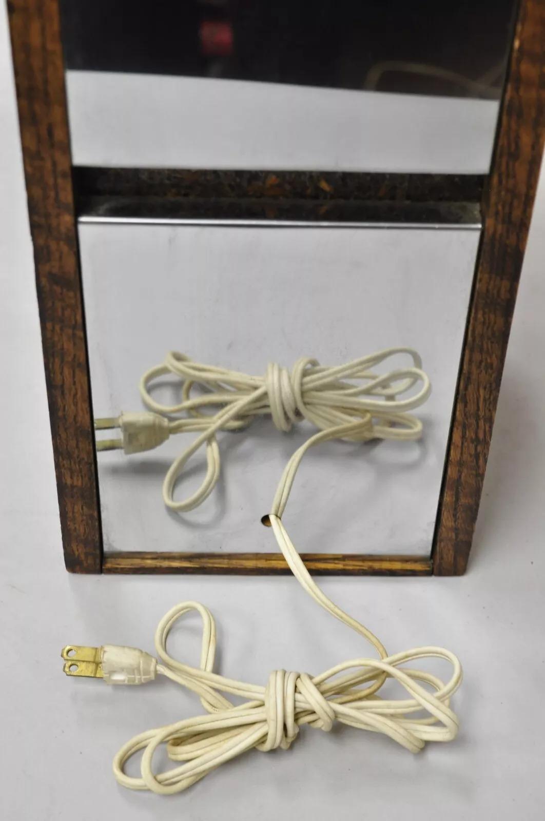 Metal Vintage Mid Century Modern Oak Wood & Double Sided Mirror Cubist Table Lamp For Sale