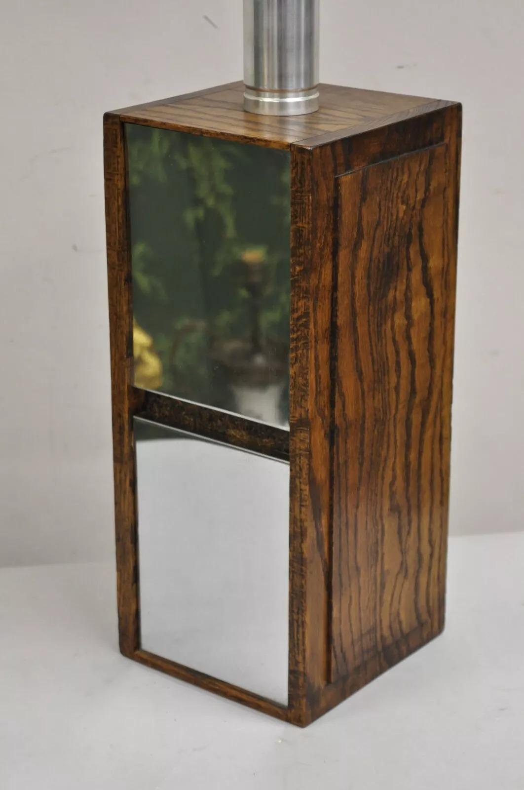 Vintage Mid Century Modern Oak Wood & Double Sided Mirror Cubist Table Lamp For Sale 1