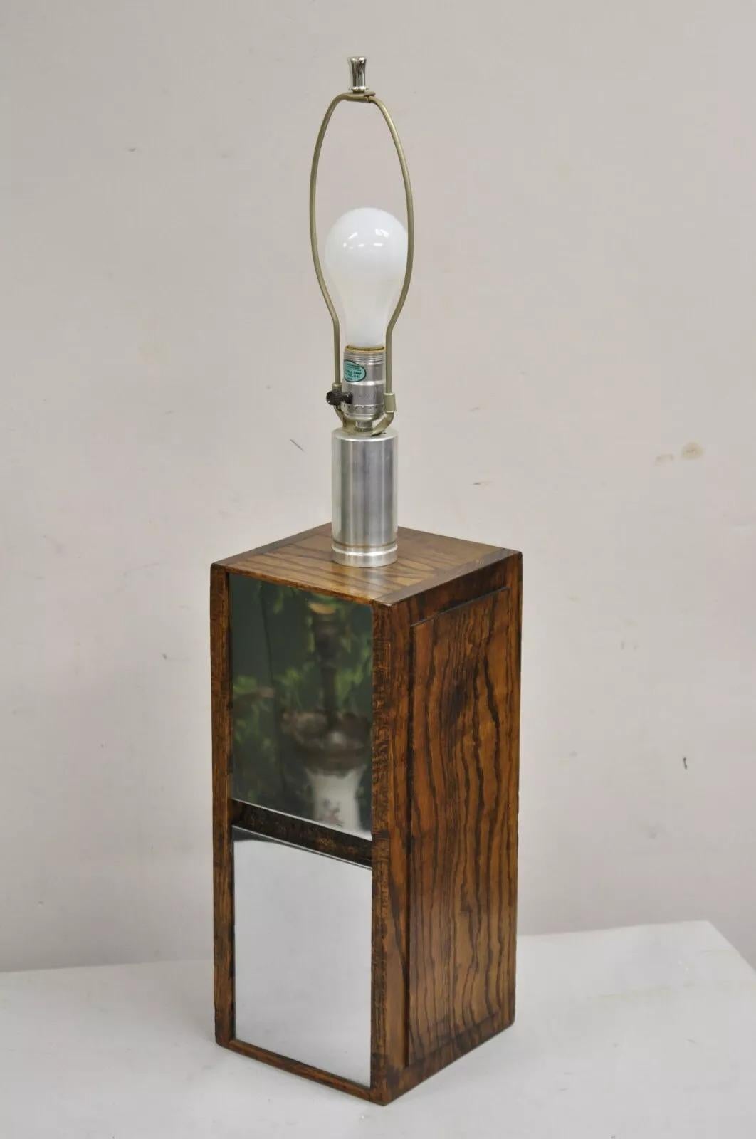 Vintage Mid Century Modern Oak Wood & Double Sided Mirror Cubist Table Lamp For Sale 2