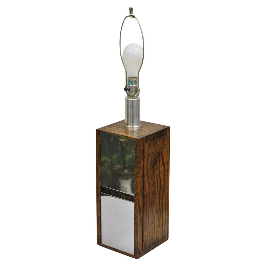 Vintage Mid Century Modern Oak Wood & Double Sided Mirror Cubist Tischlampe