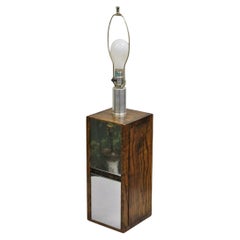 Vintage Mid Century Modern Oak Wood & Double Sided Mirror Cubist Table Lamp