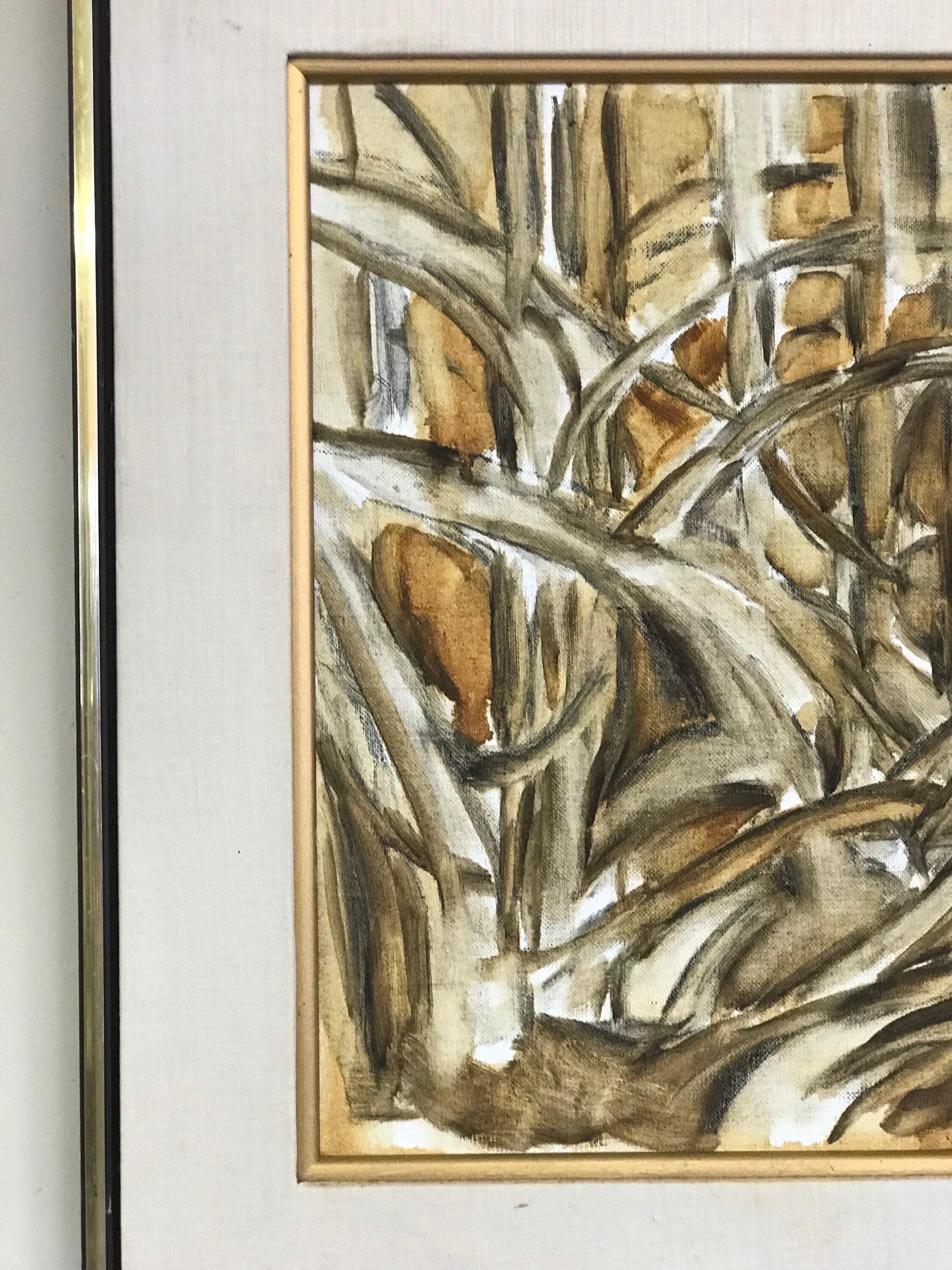 Vintage Mid-Century Modern Oil Painting Golden Tones Abstract Primitive Framed In Good Condition For Sale In Seattle, WA