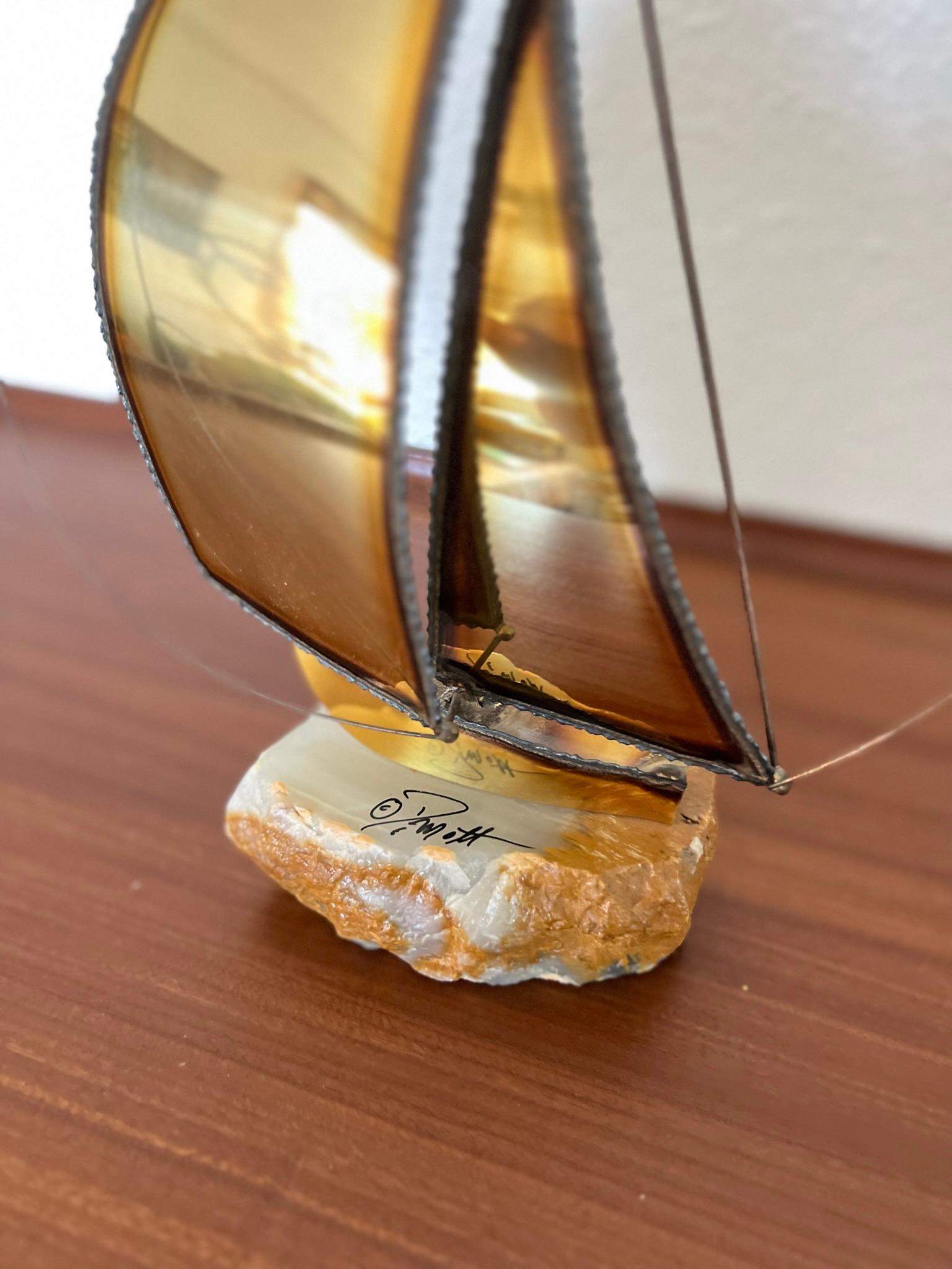Vintage Mid-Century Modern Onyx and Brass Sailboat, Signed by Artist In Good Condition For Sale In Houston, TX