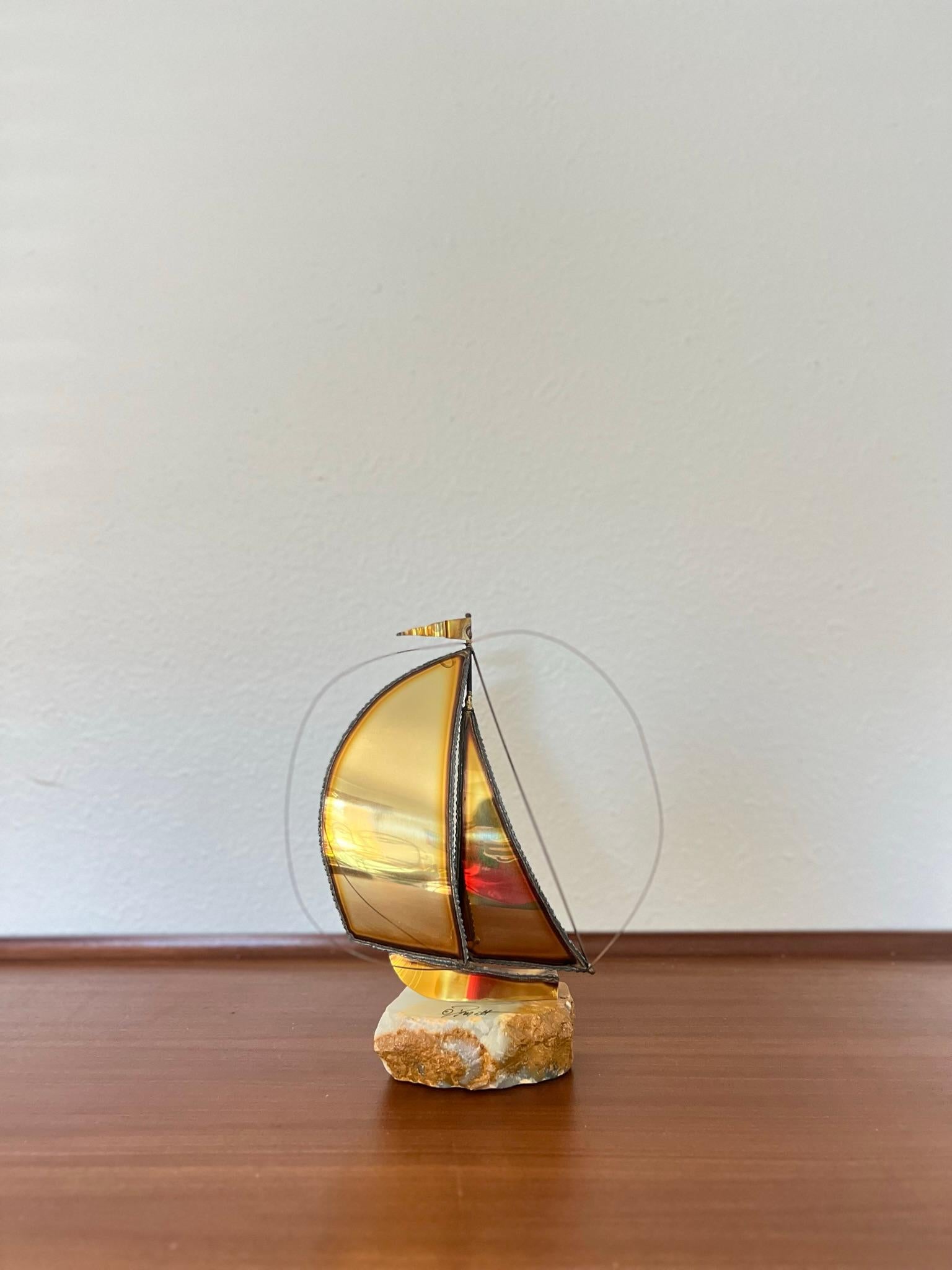 Mid-20th Century Vintage Mid-Century Modern Onyx and Brass Sailboat, Signed by Artist For Sale