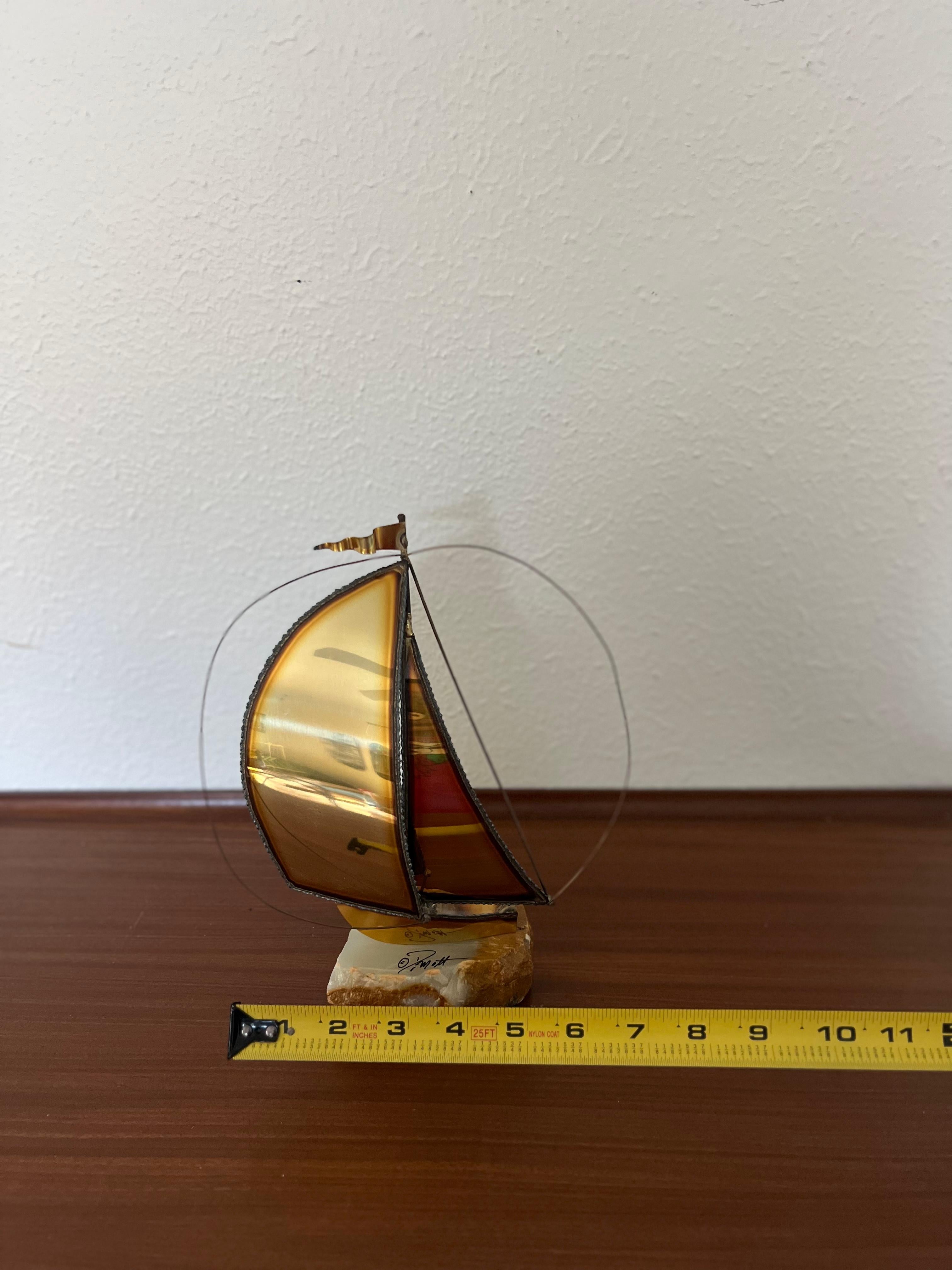 Vintage Mid-Century Modern Onyx and Brass Sailboat, Signed by Artist For Sale 3