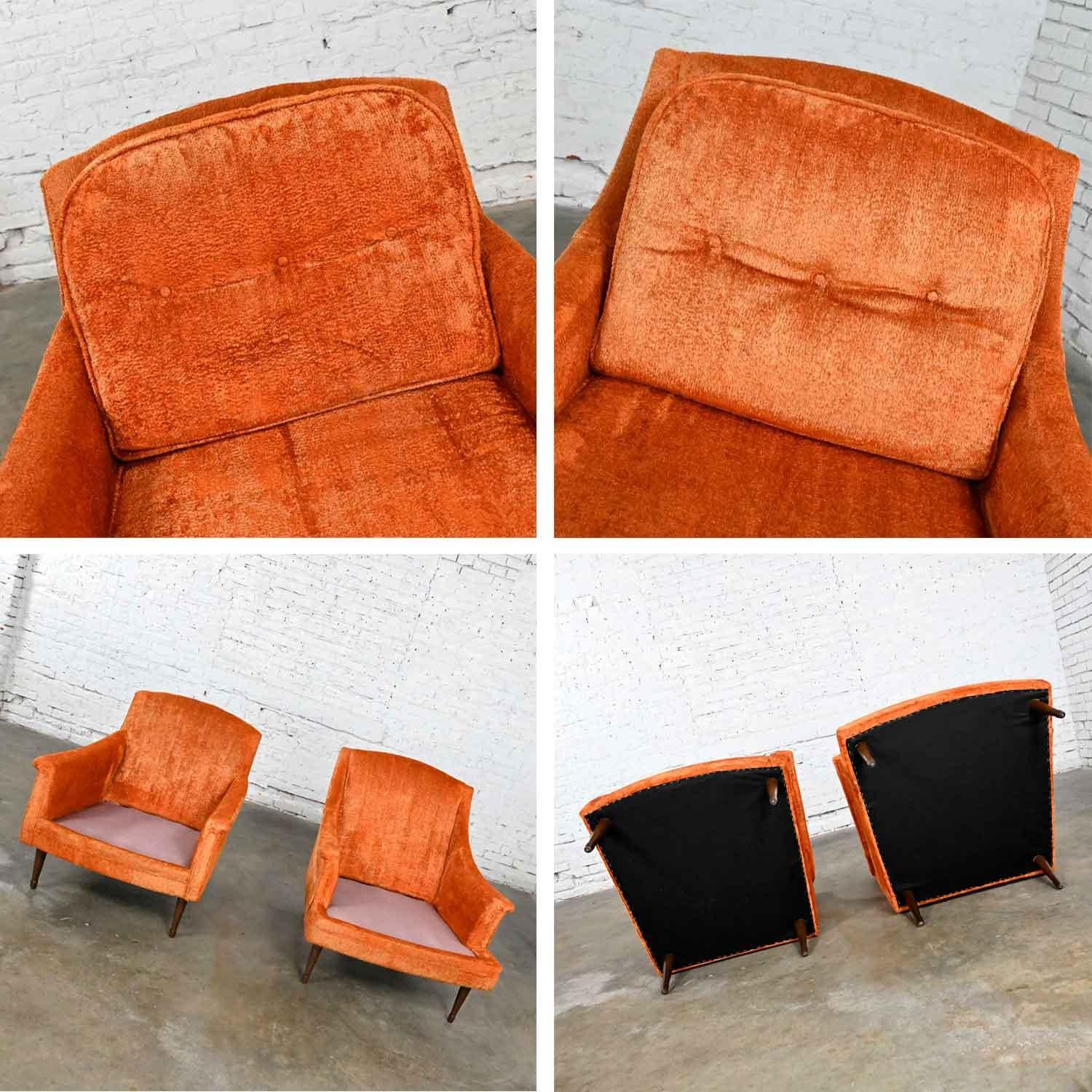 Vintage Mid Century Modern Orange Brushed Chenille Pair His & Hers Lounge Chairs 4