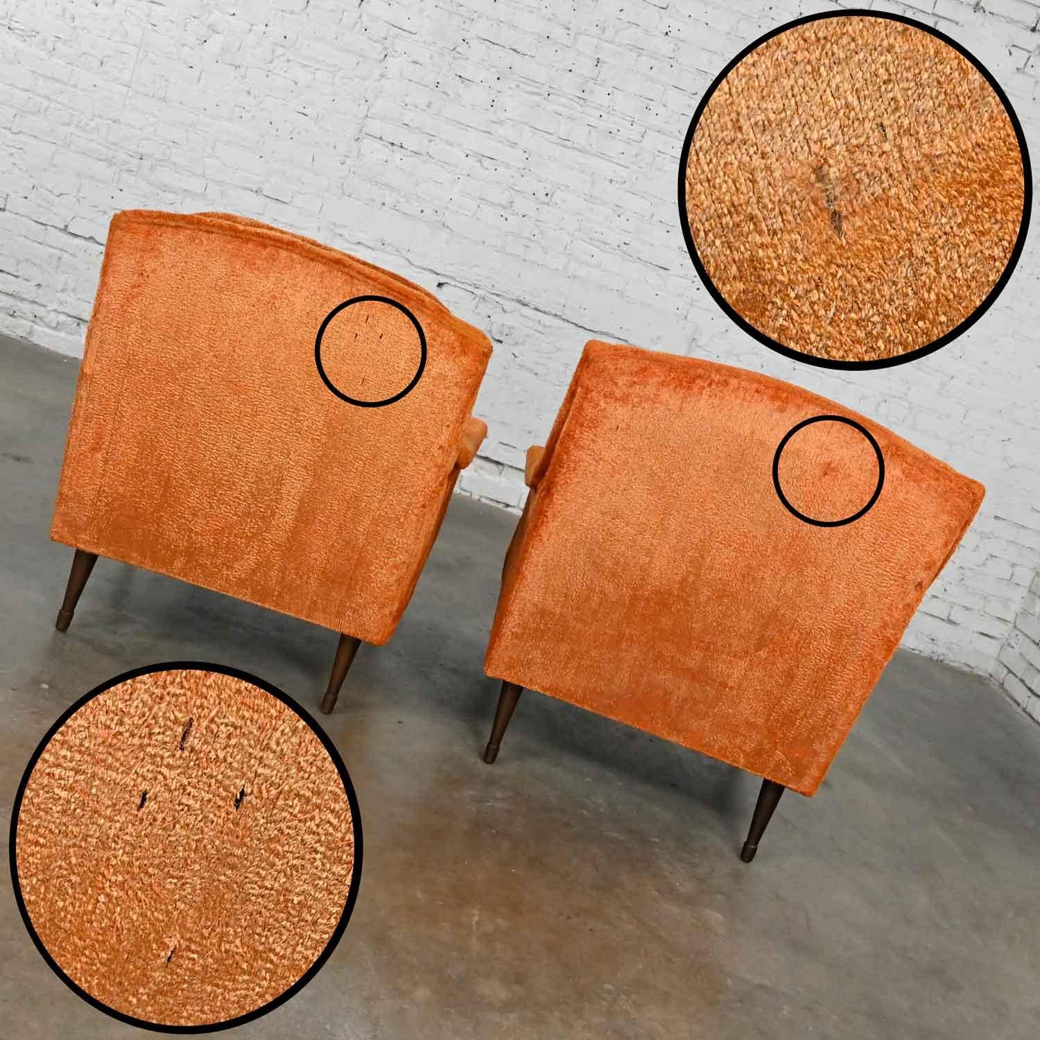 Vintage Mid Century Modern Orange Brushed Chenille Pair His & Hers Lounge Chairs 5