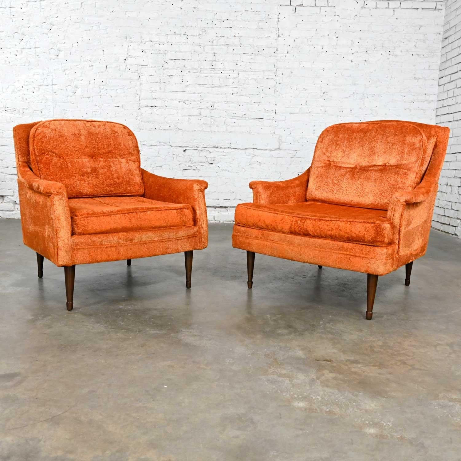 Vintage Mid Century Modern Orange Brushed Chenille Pair His & Hers Lounge Chairs 6