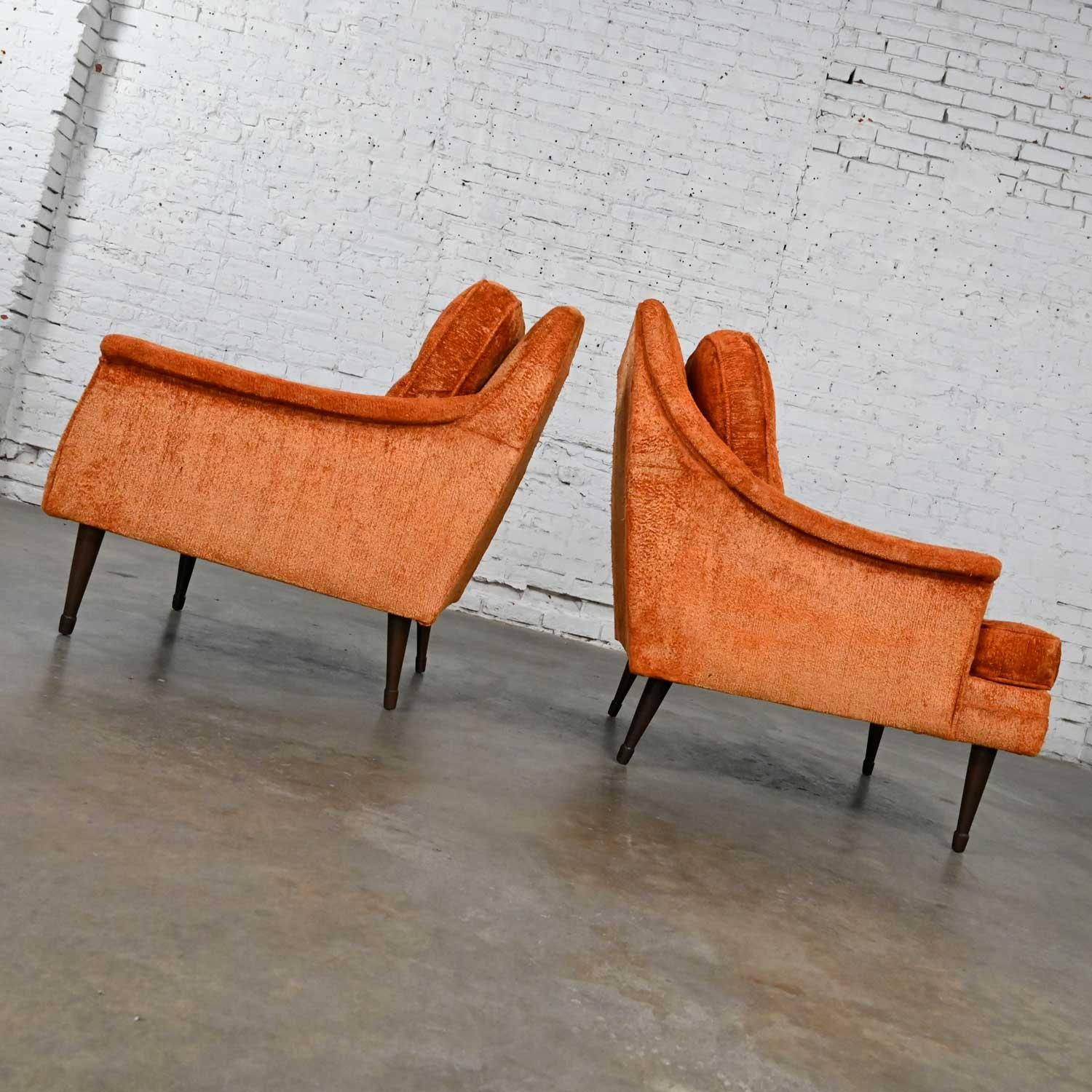 Mid-Century Modern Vintage Mid Century Modern Orange Brushed Chenille Pair His & Hers Lounge Chairs