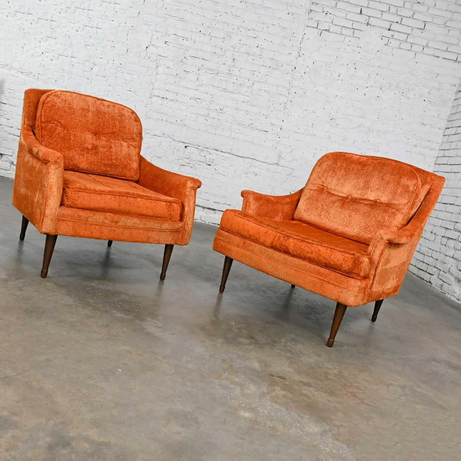 American Vintage Mid Century Modern Orange Brushed Chenille Pair His & Hers Lounge Chairs