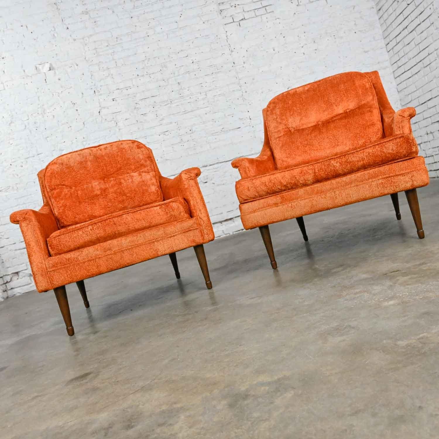 Vintage Mid Century Modern Orange Brushed Chenille Pair His & Hers Lounge Chairs In Good Condition In Topeka, KS