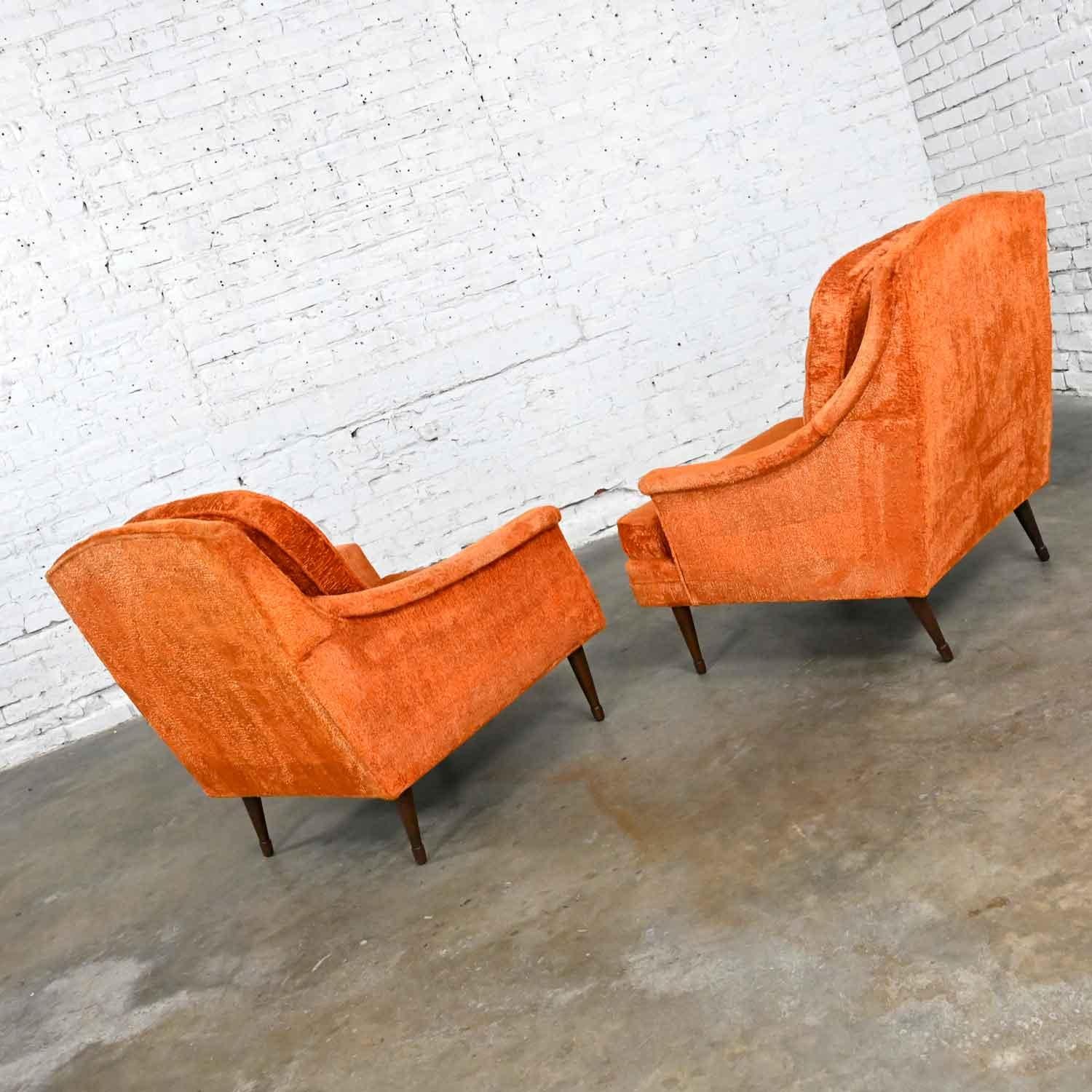 20th Century Vintage Mid Century Modern Orange Brushed Chenille Pair His & Hers Lounge Chairs