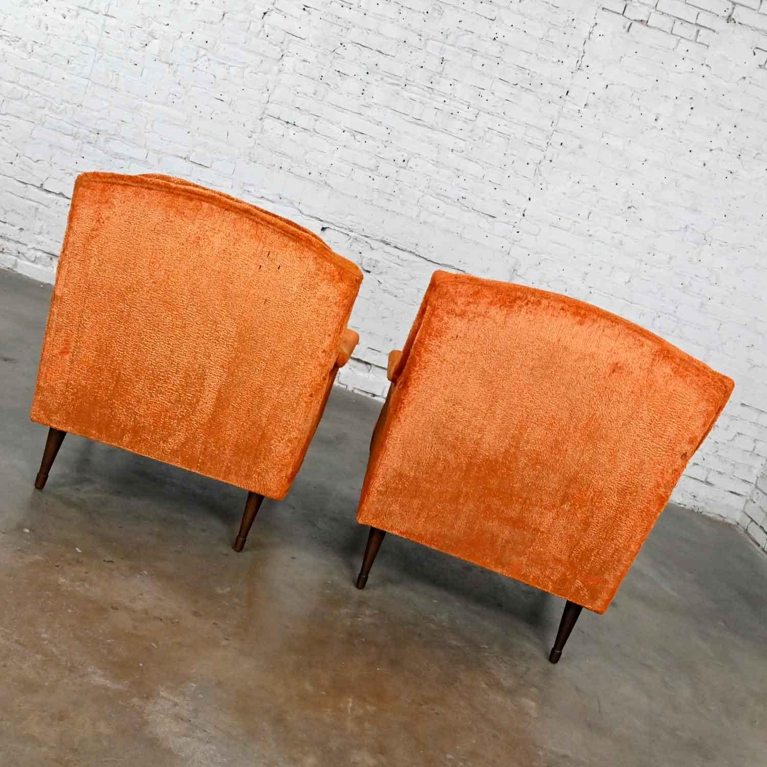 Vintage Mid Century Modern Orange Brushed Chenille Pair His & Hers Lounge Chairs 1