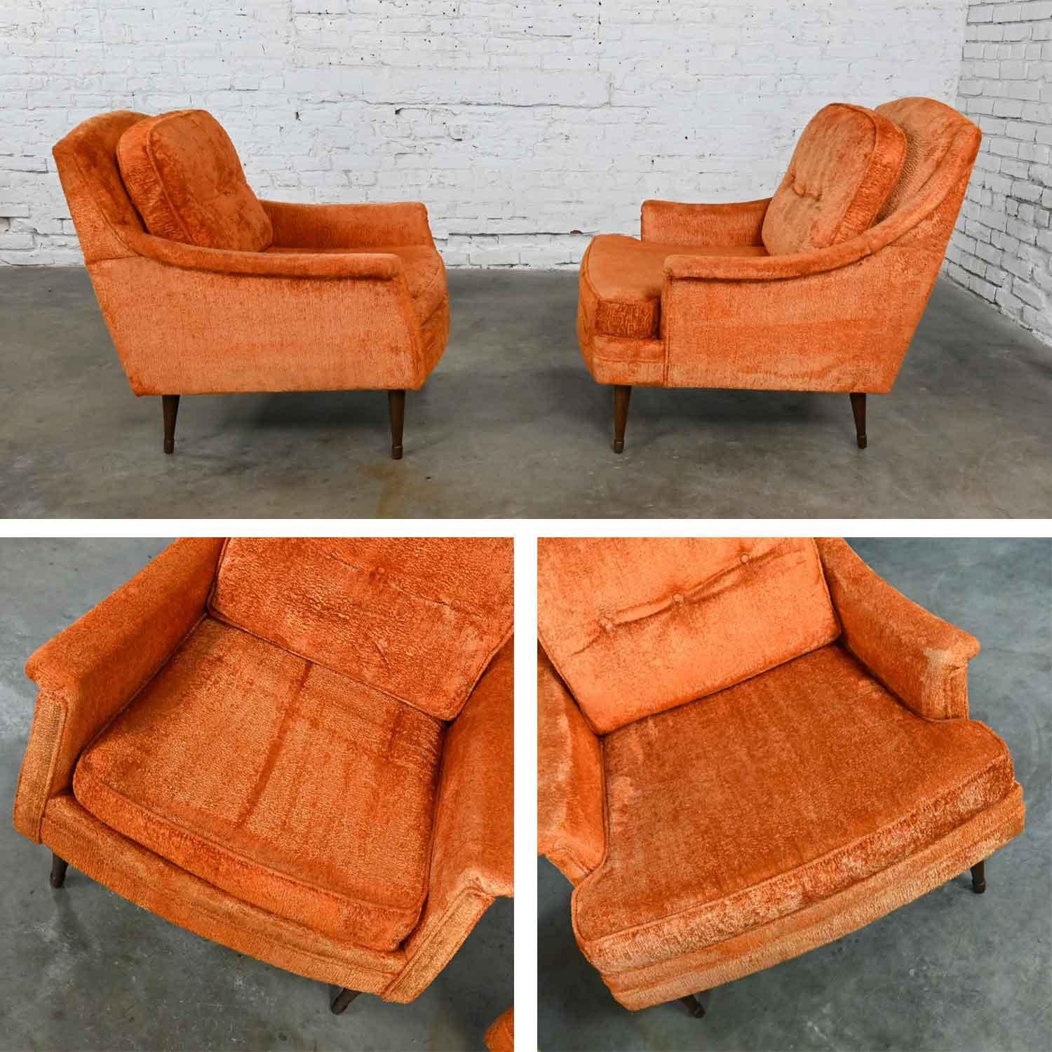 Vintage Mid Century Modern Orange Brushed Chenille Pair His & Hers Lounge Chairs 2