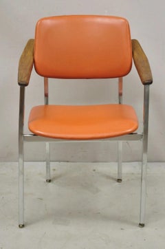 Vintage Mid Century Modern Orange Chrome Frame Sloped Wood Arm Side Desk Chair