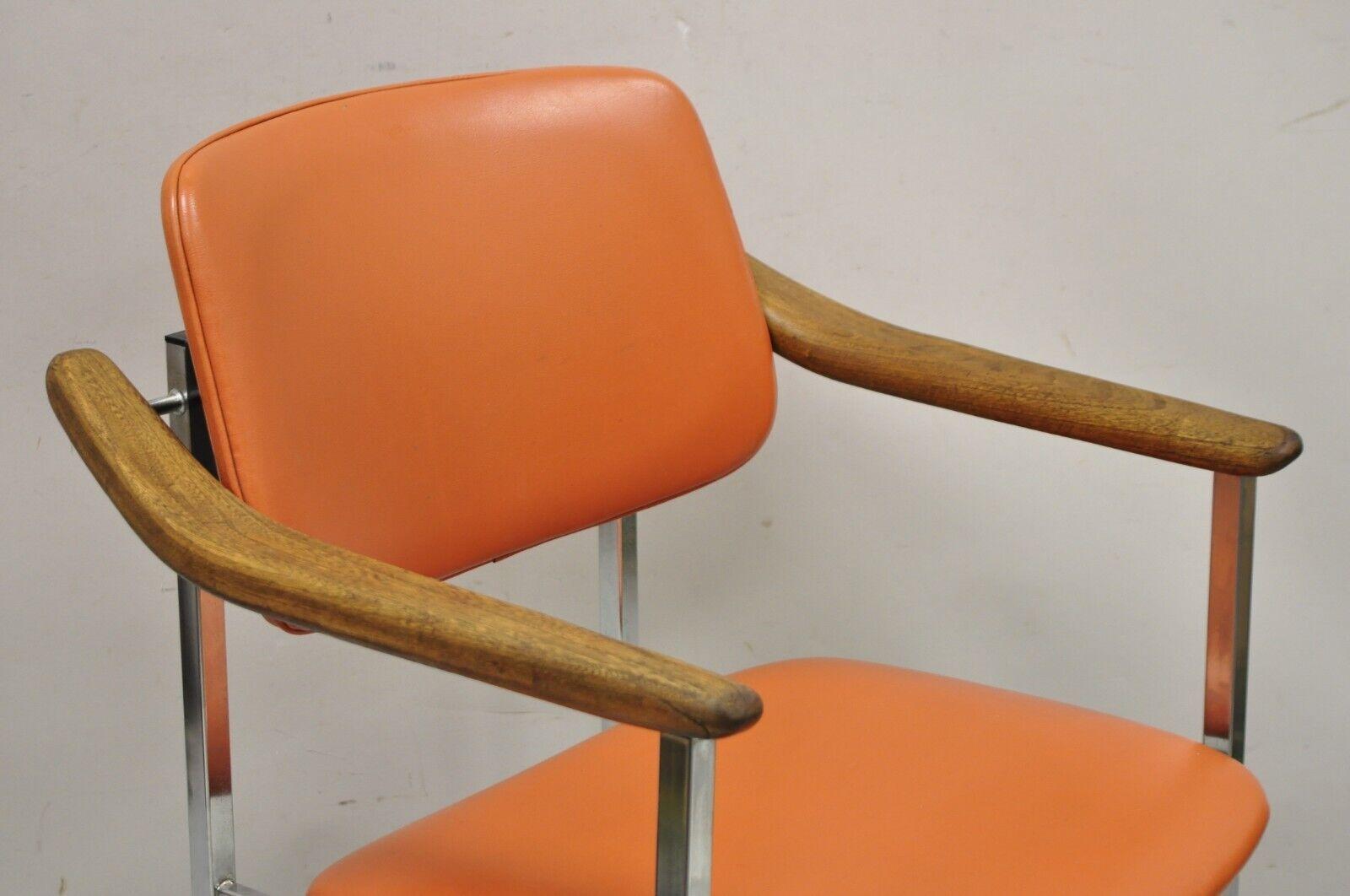 Vintage Mid-Century Modern Orange Chrome Frame Sloped Wooden armchair For Sale 7