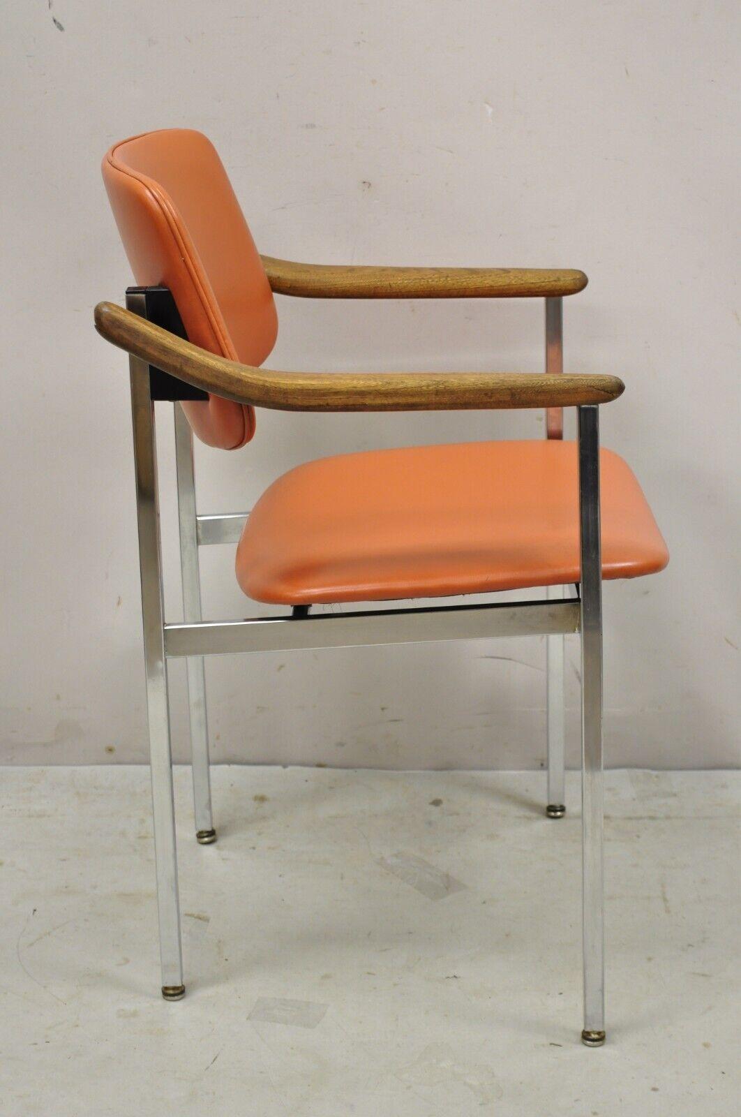 Vintage Mid-Century Modern Orange Chrome Frame Sloped Wooden armchair For Sale 8