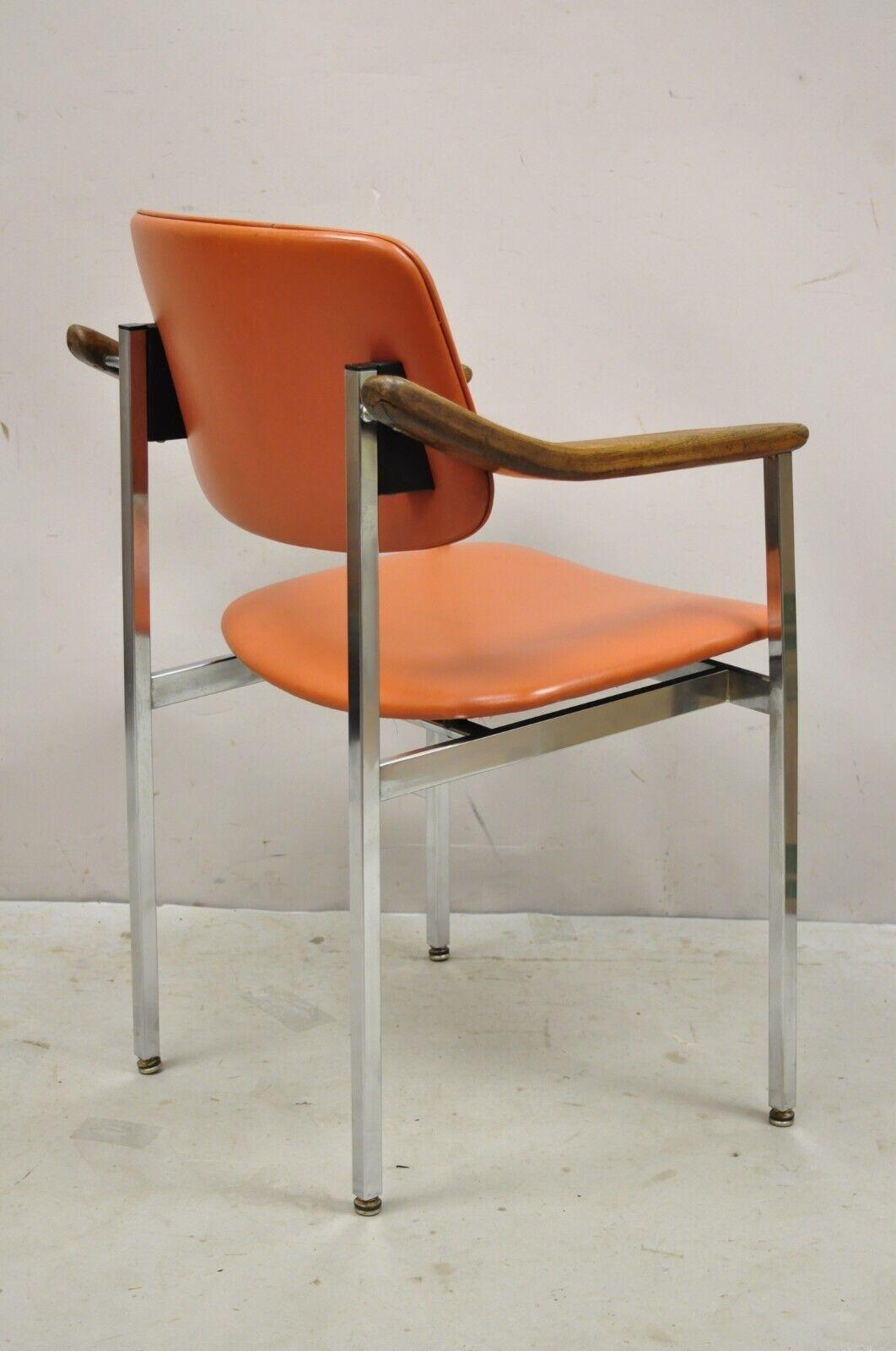 Vintage Mid-Century Modern Orange Chrome Frame Sloped Wooden armchair In Good Condition For Sale In Philadelphia, PA