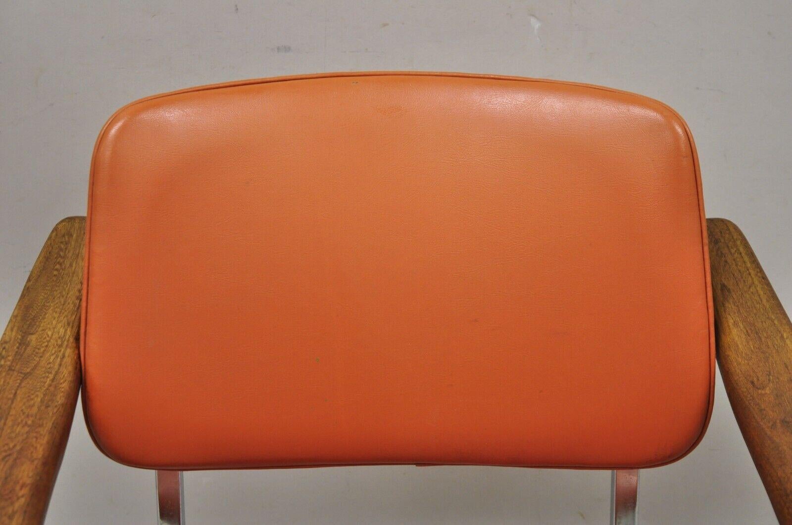 20th Century Vintage Mid-Century Modern Orange Chrome Frame Sloped Wooden armchair For Sale