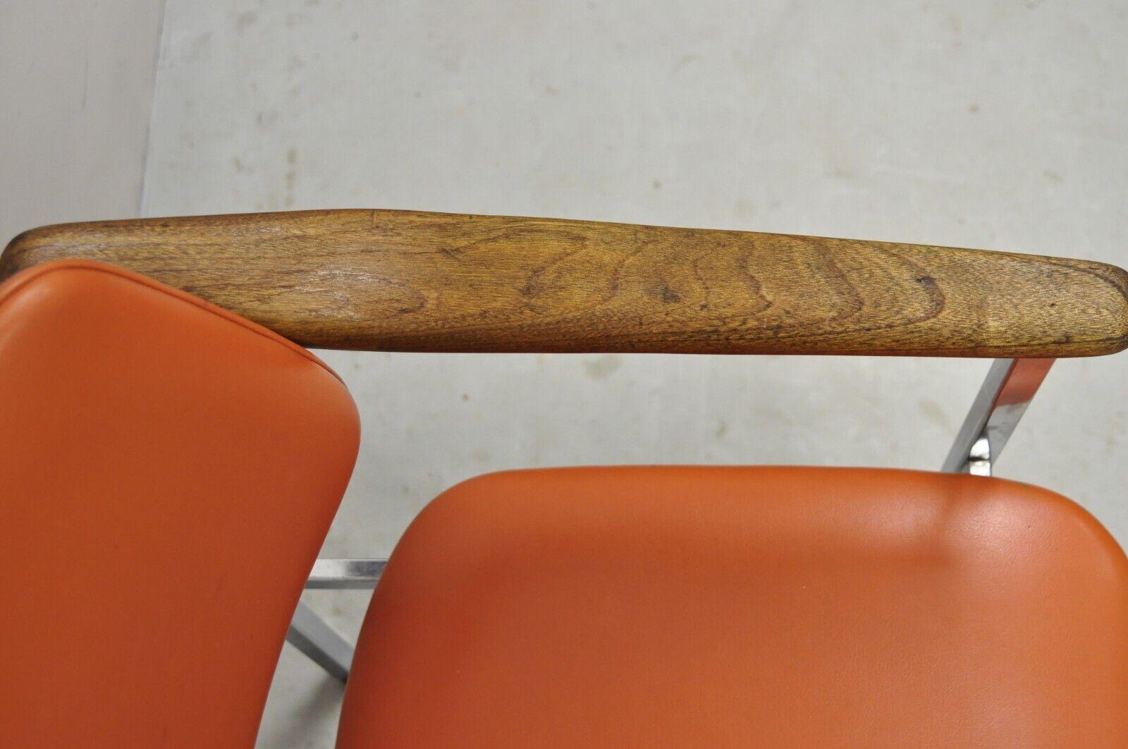 Vintage Mid-Century Modern Orange Chrome Frame Sloped Wooden armchair For Sale 2