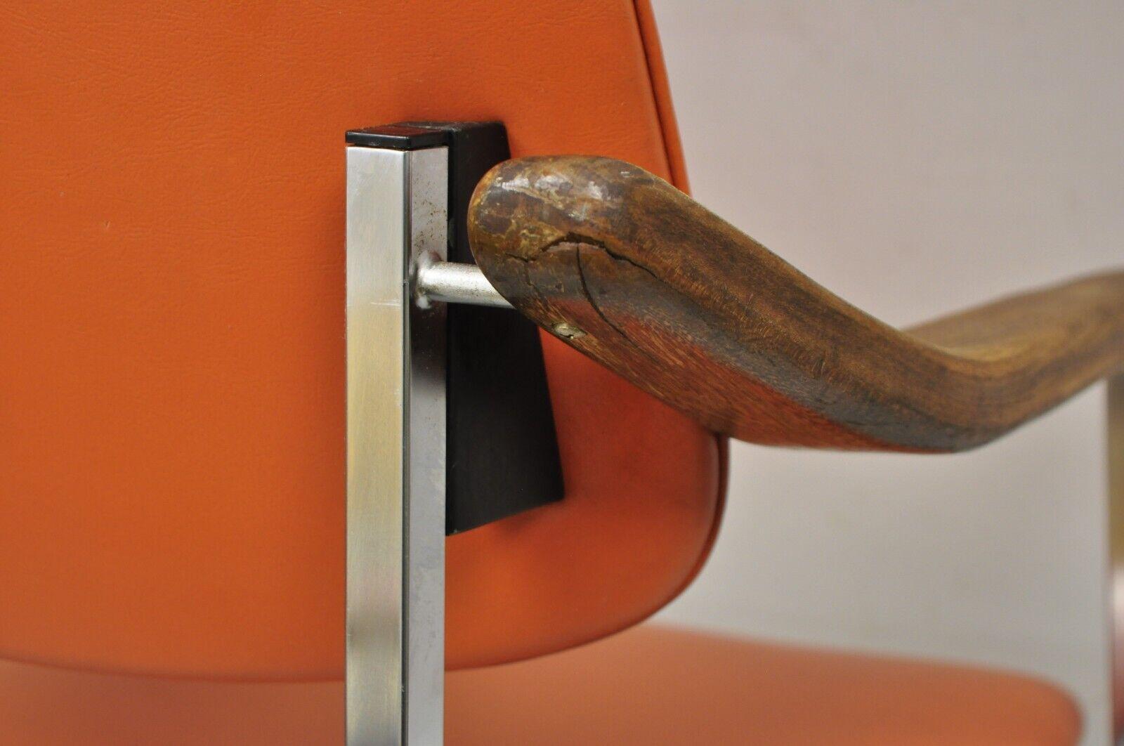 Vintage Mid-Century Modern Orange Chrome Frame Sloped Wooden armchair For Sale 4