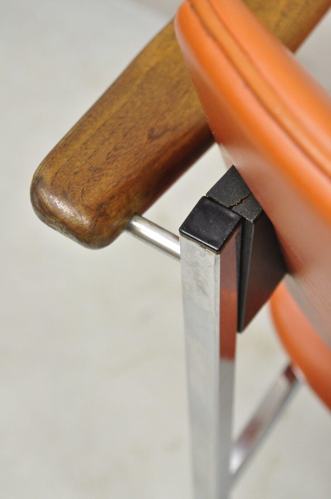 Vintage Mid-Century Modern Orange Chrome Frame Sloped Wooden armchair For Sale 5