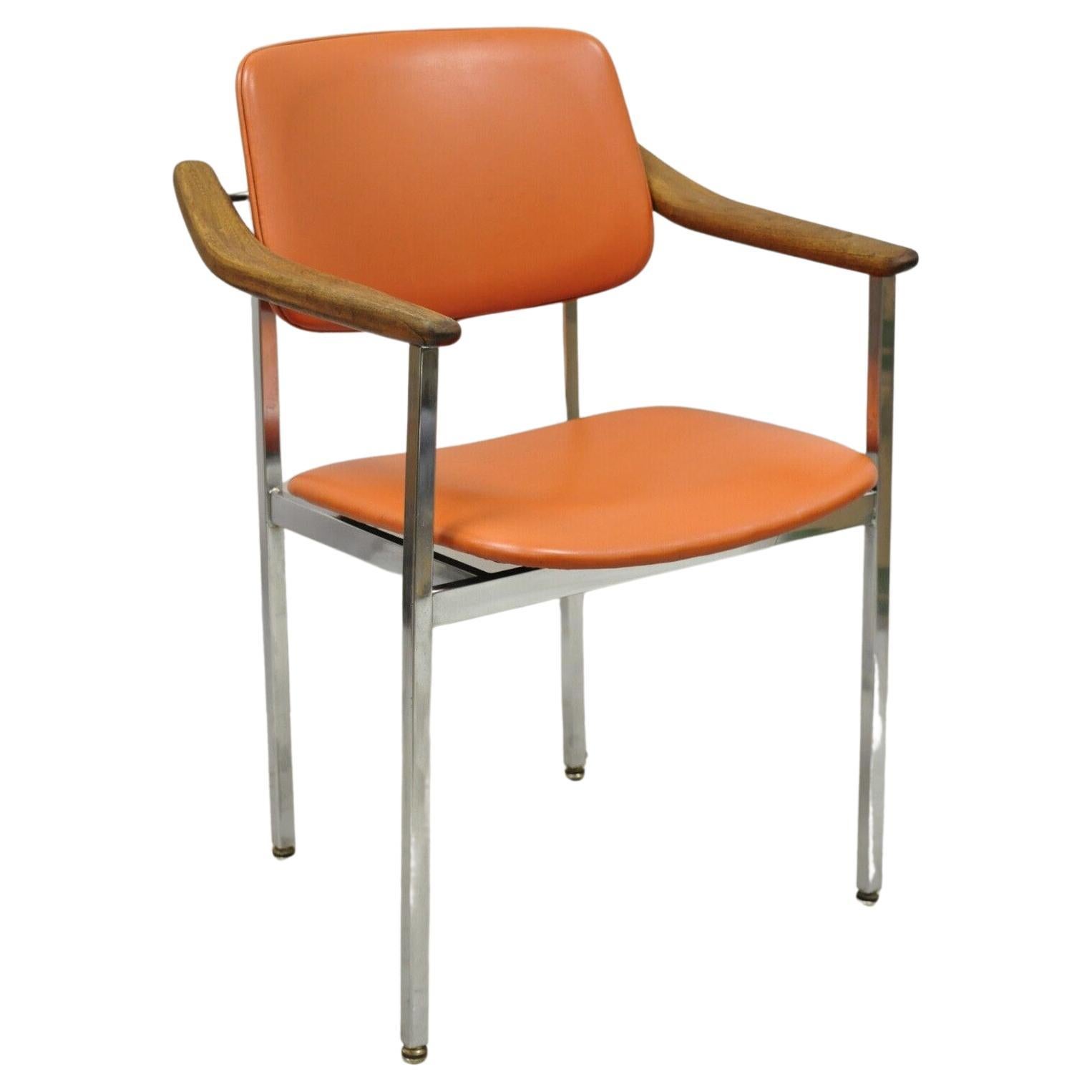 Vintage Mid-Century Modern Orange Chrome Frame Sloped Wooden armchair For Sale